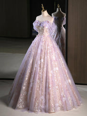 Purple A-Line Off the Shoulder Sequins Prom Dress, Lovely Tulle Corset Floor Length Evening Dress