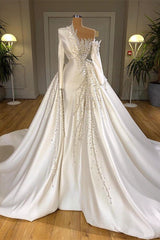 Luxurious Long Sleeve Pearls Overskirt Wedding Dress Outfits For Women Online