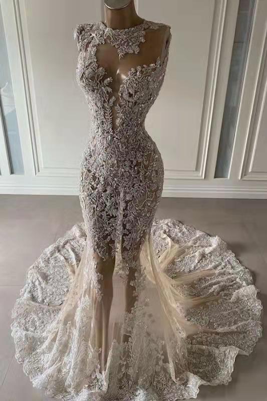 Luxurious Mermaid Lace Appliques Wedding Dress Outfits For Women Sheer Skirt