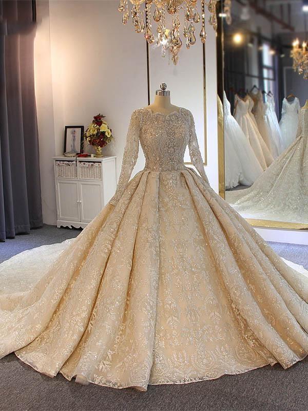 Luxury Long Ball Gown Lace Beading Wedding Dresses For Black girls with Sleeves