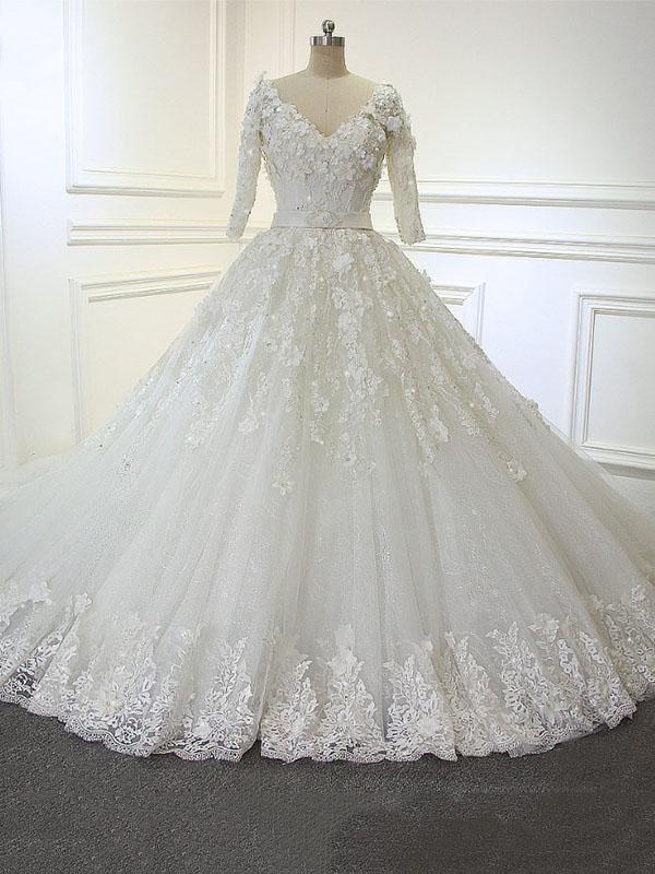 Luxury Long Ball Gown V Neck Lace Wedding Dresses For Black girls with Sleeves