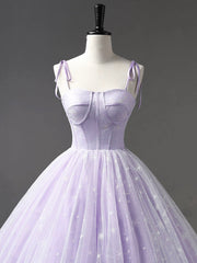 Light Purple Tulle Straps Long Prom Dress, Purple A-Line Princess Dress