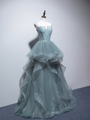Dusty Green Spaghetti Strap Ruffled Floor-length Formal Dress, Cute Tulle Lace Evening Party Dress
