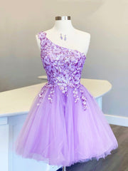 Cute Tulle Sequins Short Prom Dress, Purple One Shoulder Party Dress