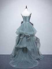 Dusty Green Spaghetti Strap Ruffled Floor-length Formal Dress, Cute Tulle Lace Evening Party Dress