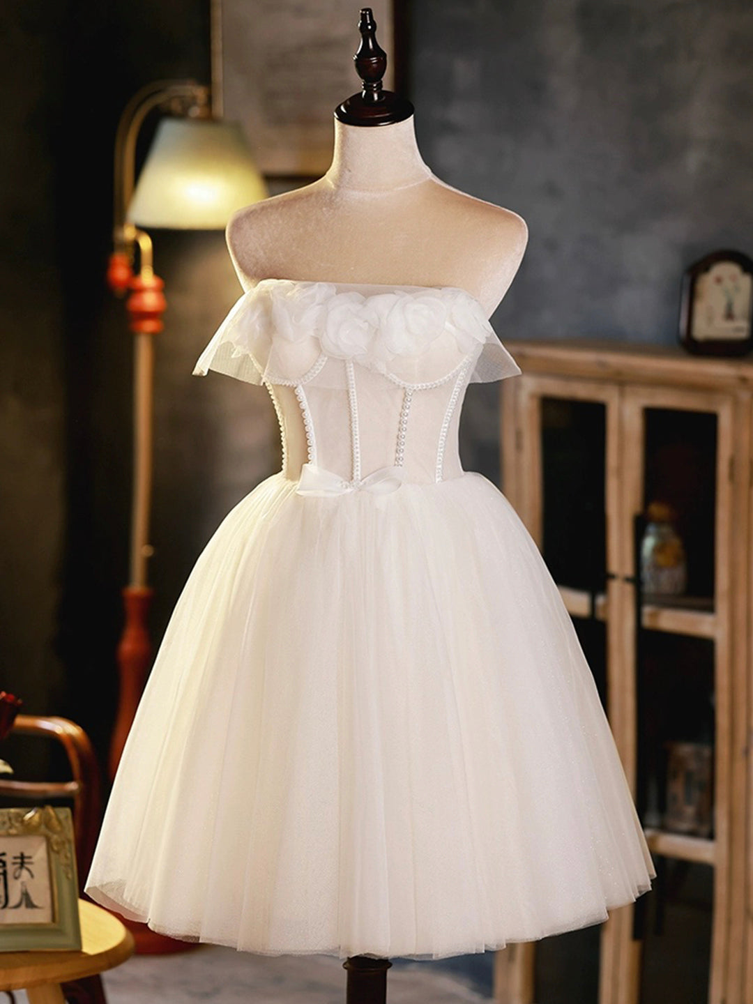 Light Champagne Strapless Tulle Short Prom Dress, Beautiful A-Line Evening Party Dress