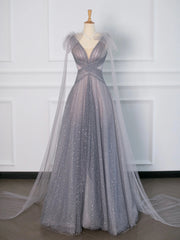 Gray Tulle V-Neck Floor Length Prom Dress, A-Line Backless Evening Party Dress