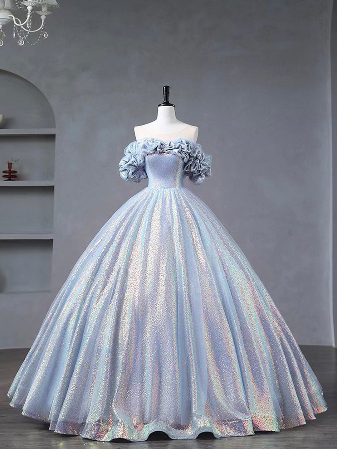 Blue Tulle Sequins Long Formal Dress, Off the Shoulder Princess Dress Sweet 16 Dress