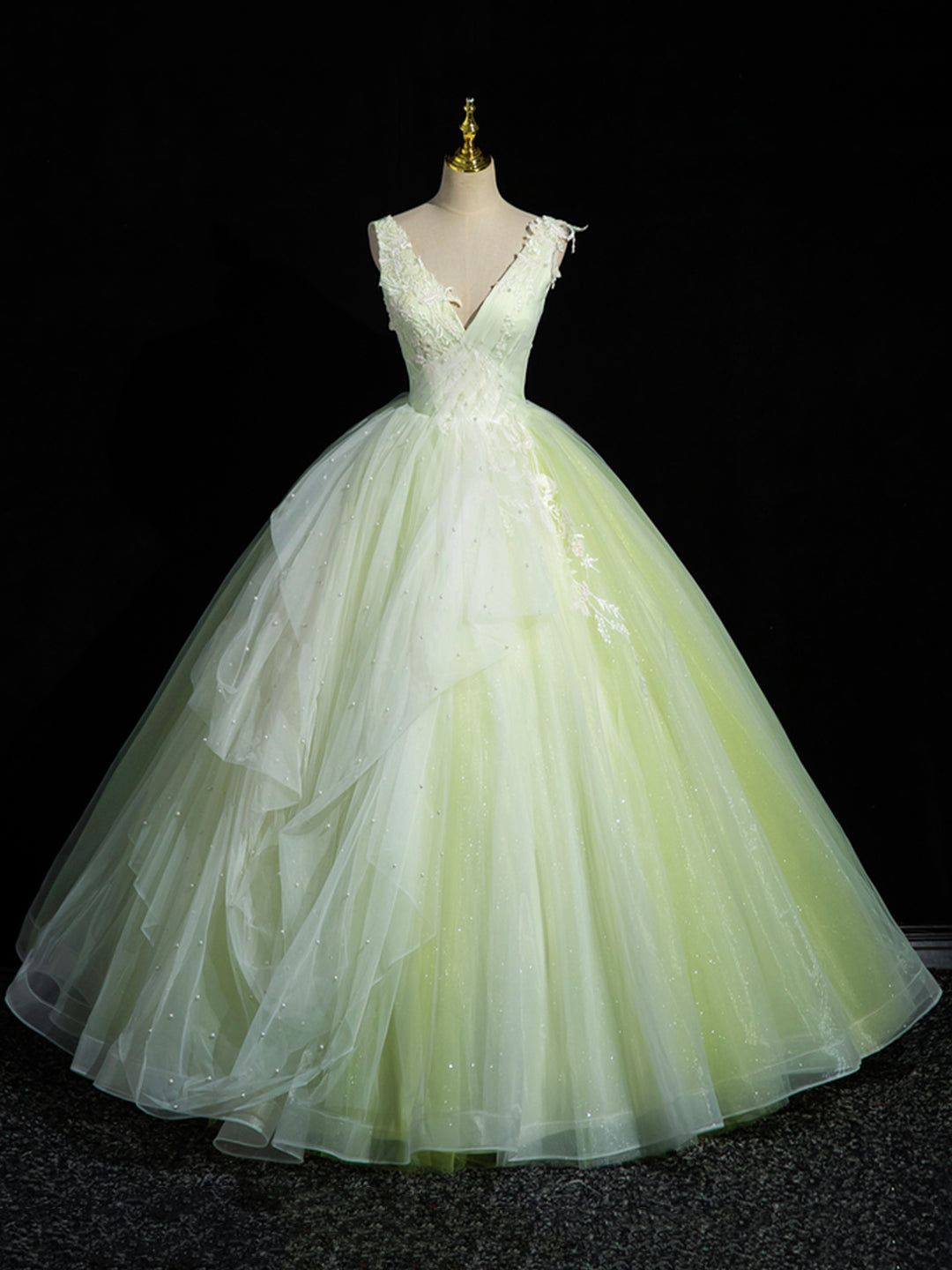 Green V-Neck Tulle Lace Long Prom Dress, A-Line Sleeveless Evening Dress