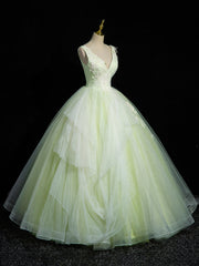 Green V-Neck Tulle Lace Long Prom Dress, A-Line Sleeveless Evening Dress