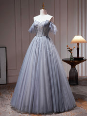 Gray Tulle Off Shoulder Beaded Party Dress, A-Line Tulle Formal Dress Prom Dress