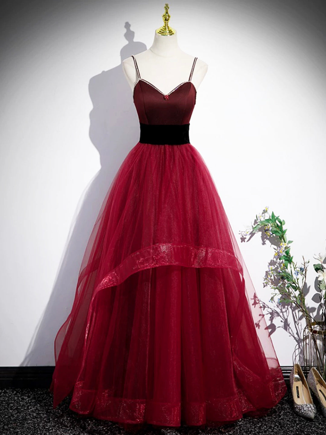Burgundy Spaghetti Strap Tulle Long Corset Prom Dress, A-Line Evening Party Dress