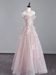Pink Halter Shiny Tulle Long Prom Dress, Pink Tulle Evening Dress with Flowers