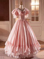 Pink Satin Lace Long Prom Dress, Beautiful A-Line V-Neck Evening Dress