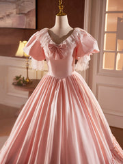 Pink Satin Lace Long Prom Dress, Beautiful A-Line V-Neck Evening Dress