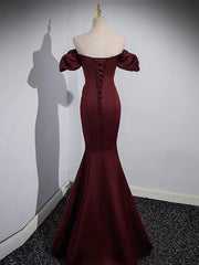 Mermaid off Shoulder Satin Burgundy Long Prom Dress Outfits For Girls, Burgundy Formal Dress
