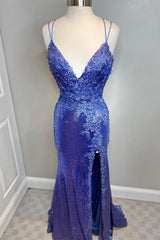 Mermaid Purple Sequins Long Prom Dress Outfits For Women with Slit,Navy Blue Evening Party Gowns