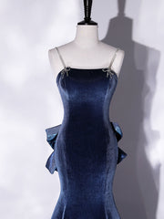 Mermaid Velvet Blue Long Prom Dresses For Black girls For Women, Blue Velvet Long Evening Dress