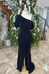 Black One Shoulder Mermaid Ruffle Long Mother of Bride Dress with Slit