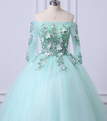 Mint Green Tulle Off Shoulder Long Sleeve Lace Applique Sweet 16 Prom Dress Outfits For Girls, Formal Dress