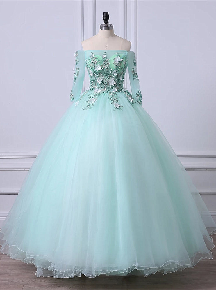 Mint Green Tulle Off Shoulder Long Sleeve Lace Applique Sweet 16 Prom Dress Outfits For Girls, Formal Dress