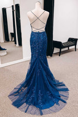 Navy Appliques Lace-Up Back Mermaid Long Formal Dress Outfits For Women with Slit,Unique Prom Dresses