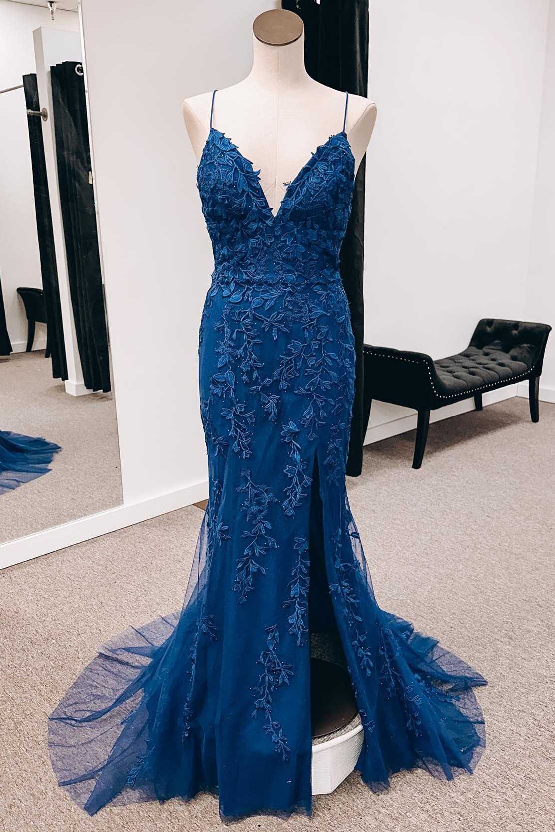 Navy Appliques Lace-Up Back Mermaid Long Formal Dress Outfits For Women with Slit,Unique Prom Dresses