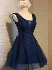 Navy Blue Knee Length Homecoming Dresses For Black girls For Women, V-neckline Short Formal Dresses