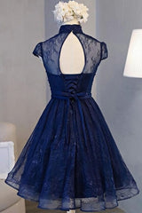 Navy Blue Knee Length Lace Party Dress Outfits For Girls, Homecoming Dress