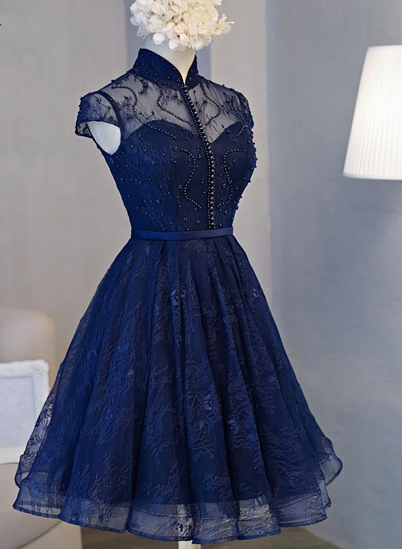 Navy Blue Knee Length Lace Party Dress Outfits For Girls, Homecoming Dress