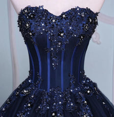 Navy Blue Lace Applique Tulle Long Party Dress Outfits For Girls, Blue Formal Gown