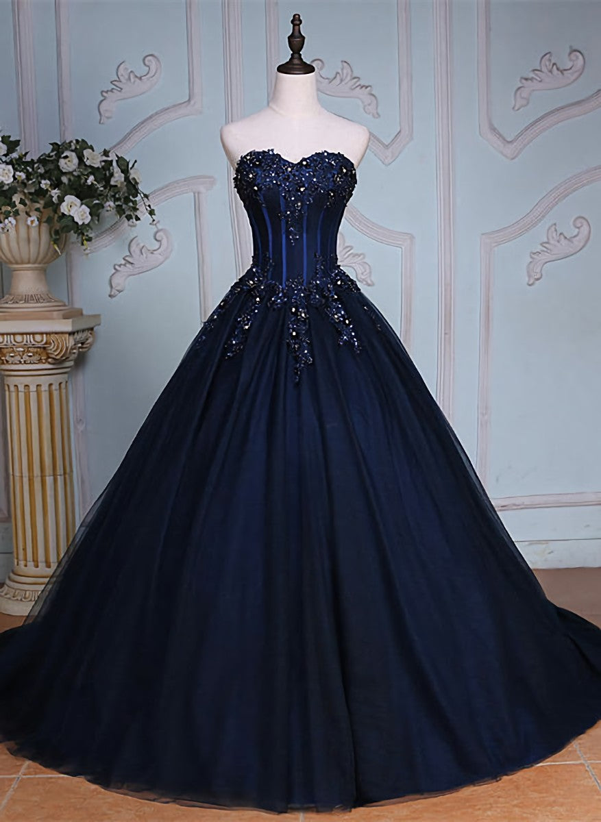 Navy Blue Lace Applique Tulle Long Party Dress Outfits For Girls, Blue Formal Gown