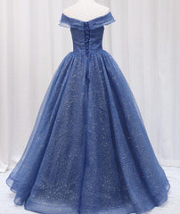 Navy Blue Off Shoulder Shiny Tulle Floor Length Prom Dress Outfits For Girls, Blue Prom Dress