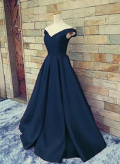 Navy Blue Satin Sweetheart A-line Handmade Formal Dress Outfits For Girls, Blue Long Prom Dress