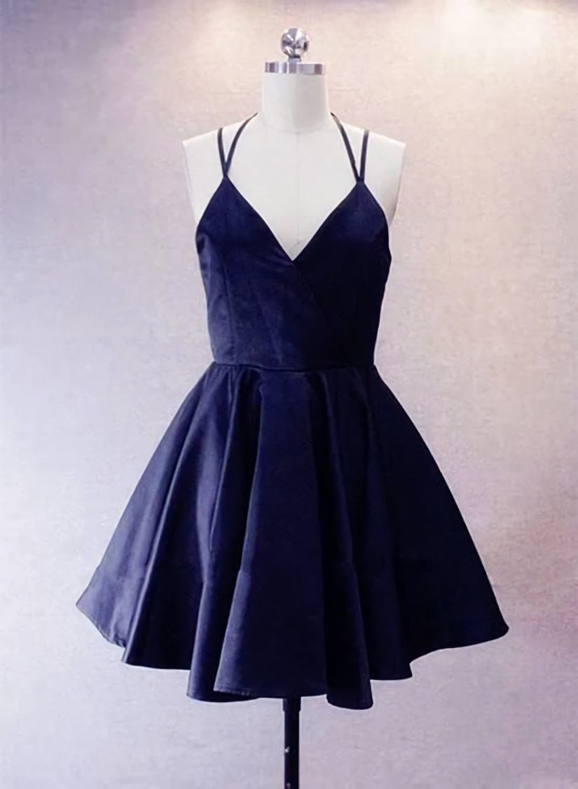 Navy Blue Short Straps Satin Homecoming Dresses For Black girls For Women, Lovely Simple Prom Dress