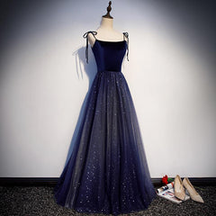 Navy Blue Tulle Straps Long Velvet Party Dress Outfits For Girls, Blue Prom Dress