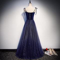 Navy Blue Tulle Straps Long Velvet Party Dress Outfits For Girls, Blue Prom Dress