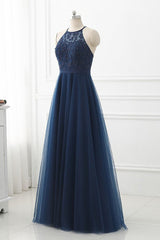 Navy Blue Tulle with Lace Applique Long Party Dress Outfits For Girls, Blue Prom Dress