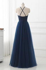 Navy Blue Tulle with Lace Applique Long Party Dress Outfits For Girls, Blue Prom Dress
