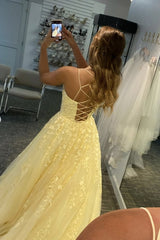 Daffodil Tulle Long Prom Dresses Floral Appliques Formal Evening Dress