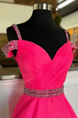 Off Shoulder Tulle Beaded Long Formal Dress Outfits For Girls, Hot Pink Evening Party Dress