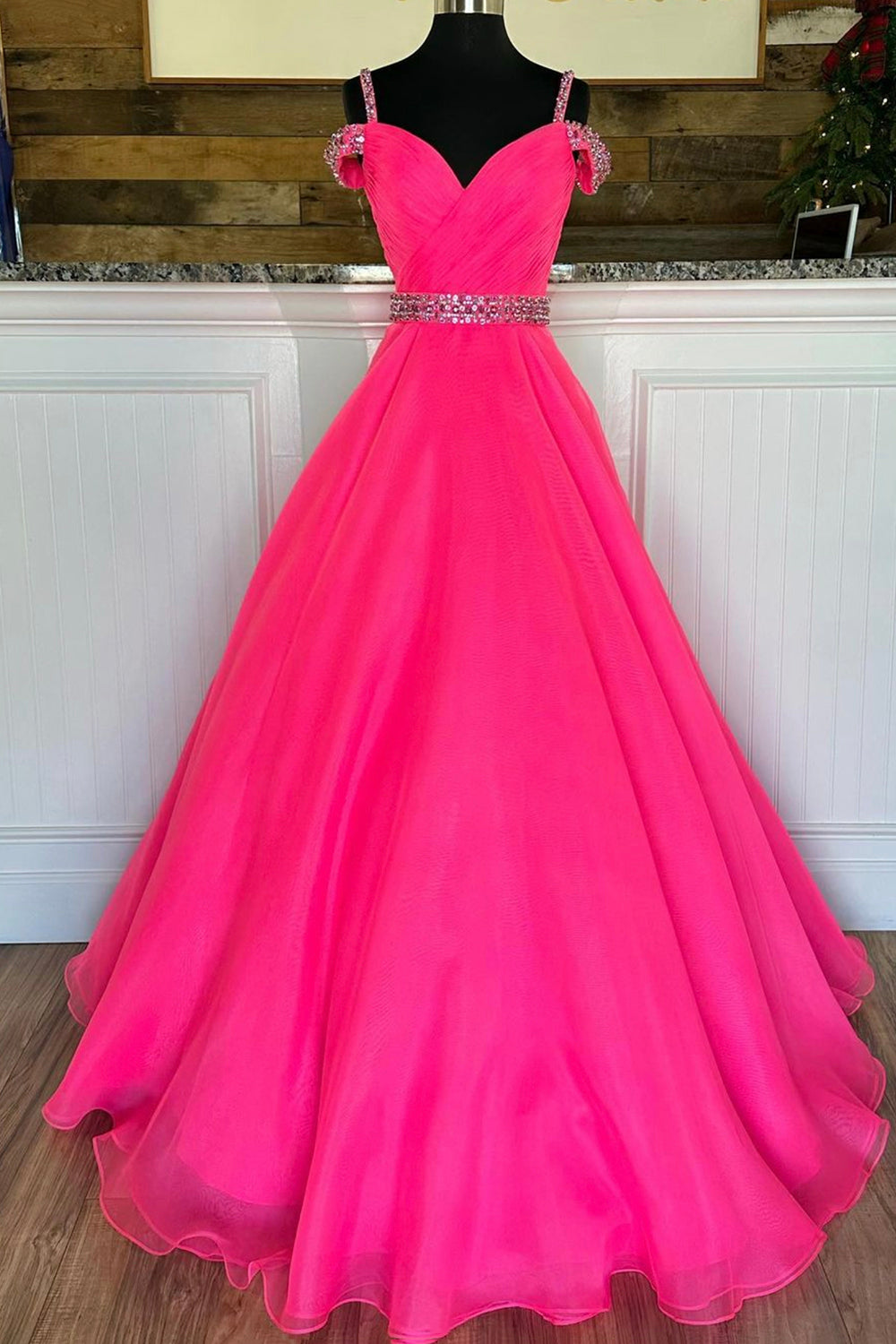 Off Shoulder Tulle Beaded Long Formal Dress Outfits For Girls, Hot Pink Evening Party Dress