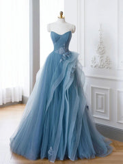 Off the Shoulder Blue Tulle Prom Dresses For Black girls For Women, Blue Tulle Floral Formal Evening Dresses