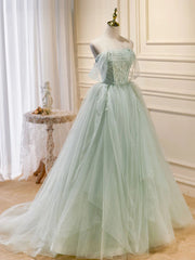 Off the Shoulder Green Tulle Long Prom Dresses For Black girls For Women, Green Off Shoulder Long Formal Evening Dresses