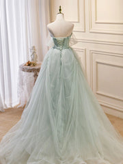 Off the Shoulder Green Tulle Long Prom Dresses For Black girls For Women, Green Off Shoulder Long Formal Evening Dresses