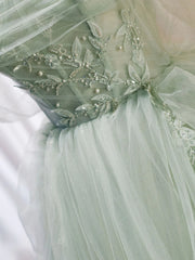 Off the Shoulder Green Tulle Long Prom Dresses For Black girls For Women, Green Off Shoulder Long Formal Evening Dresses