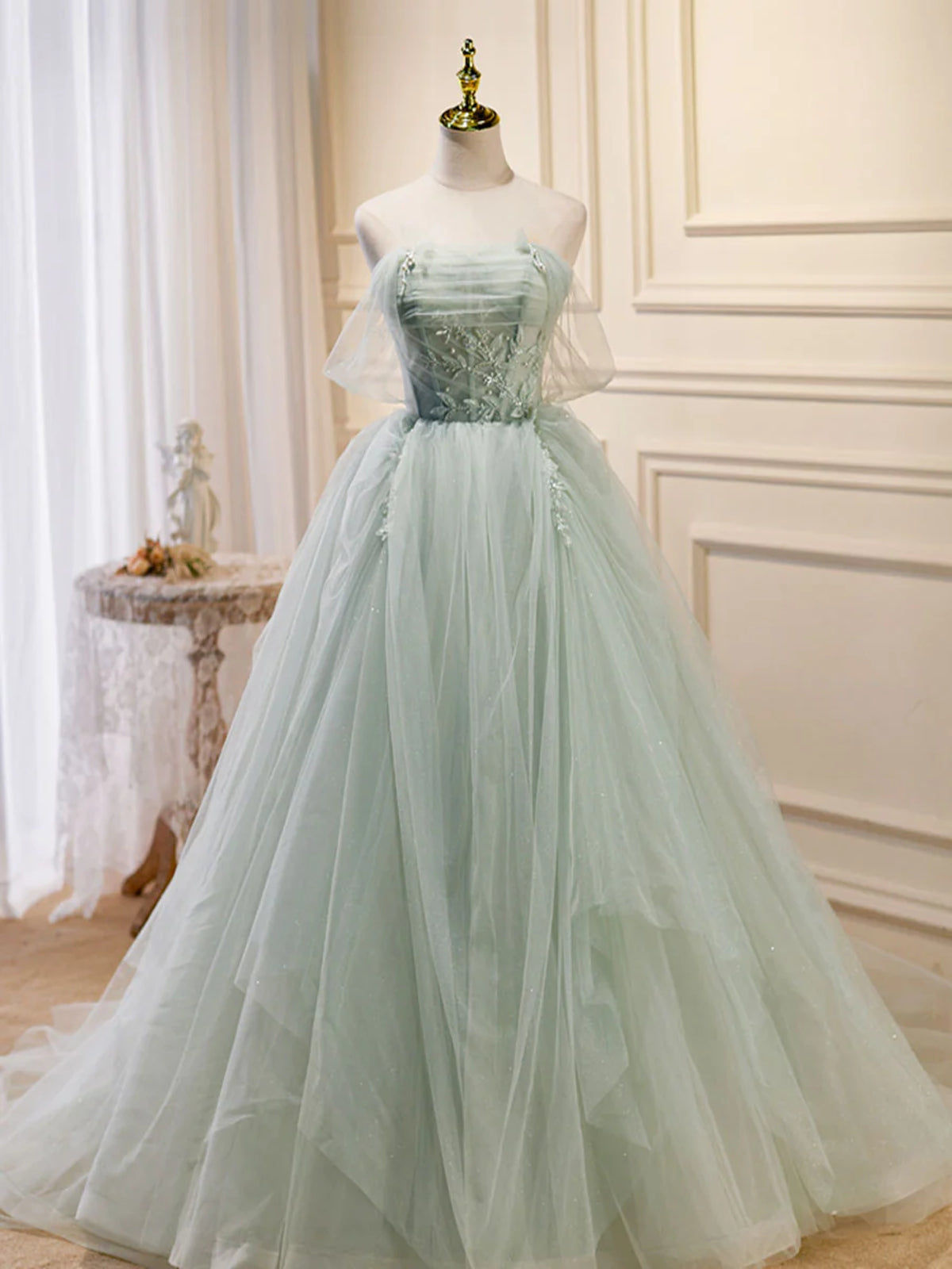 Off the Shoulder Green Tulle Long Prom Dresses For Black girls For Women, Green Off Shoulder Long Formal Evening Dresses