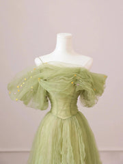 Off the Shoulder Green Tulle Long Prom Dresses For Black girls For Women, Green Tulle Long Formal Evening Dresses