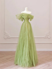 Off the Shoulder Green Tulle Long Prom Dresses For Black girls For Women, Green Tulle Long Formal Evening Dresses
