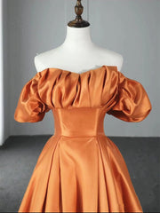 Off the Shoulder Orange Satin Long Prom Dresses For Black girls For Women, Orange Long Satin Formal Evening Dresses
